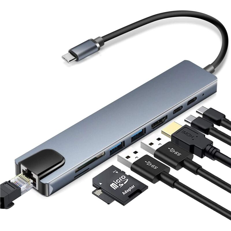 USB-C à 8 Ports pour appareils USB tels Que claviers, disques durs externes, moniteurs HDMI, chargeurs et câbles réseau, 15,33 x 3,24 x 1,4 cm