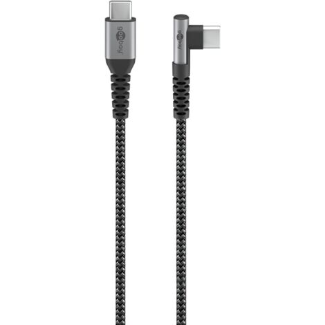 USB-C™-auf-USB-C™-Textilkabel mit Metallsteckern (spacegrau/silber), 90°, 1 m, elegantes und extrarobustes USB-Verbindungskabel mit gewinkeltem USB-C™-Stecker. Kabellänge 1 m