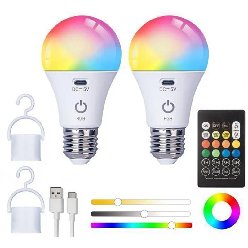 USB C Batterie Ampoule Rechargeable Avec Télécommande -E27 Ampoule Intelligente RGB -3 Températures de Couleur - 2200mAh -5W - 2PCS