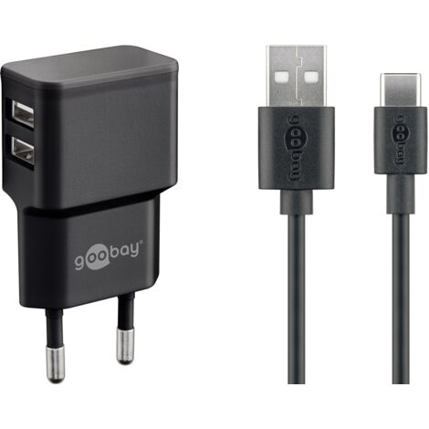 USB-C™-Dual-Ladeset (12 W), Netzteil mit 2x USB-Anschlüssen, USB-C™-Kabel, 1 m, schwarz.