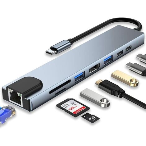 USB-C-Hub, 8-in-1-USB-C-Adapter mit 4K-HDMI, 100 W PD, USB-C-Anschluss, USB 3.0, RJ45-Ethernet, SD/TF-Kartenleser, Dockingstation, kompatibel mit MacBook Pro/Air und anderen Typ-C-Geräten