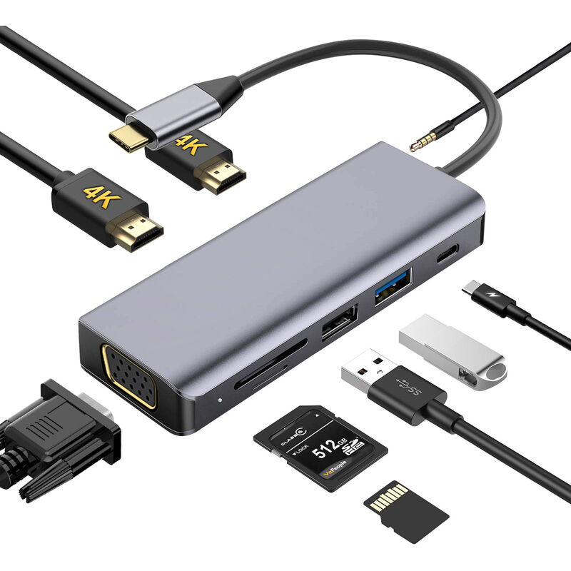 USB C Hub, 9-in-1 USB C Adapter Dockingstation Typ-c 9-in-1-Hub USB-C auf Dual-HDMI USB-Hub-Dockingstation Dual-HDMI MST