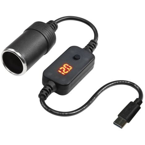 USB C Mâle vers 12V Voiture Allume-Cigare Prise Type-C vers Allume-Cigare Adaptateur Câble Convertisseur avec Affichage Voltmètre, Tension Réglable 5V / 9V / 12V（30cm）