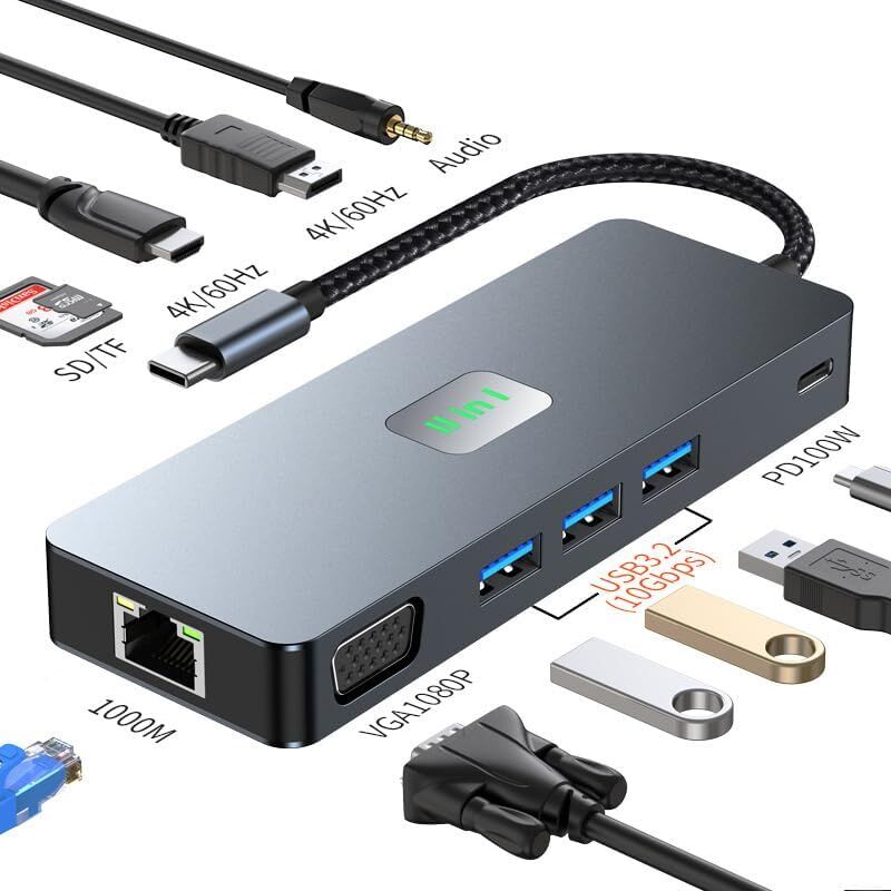USB C, USB Docking Station USB-C Adaptateur 11-in-1 multiport pour MacBook Pro Air M1, 4K 60Hz HDMI, 3 USB 3.2 10Gbps, VGA, Ethernet LAN, 100WPD,