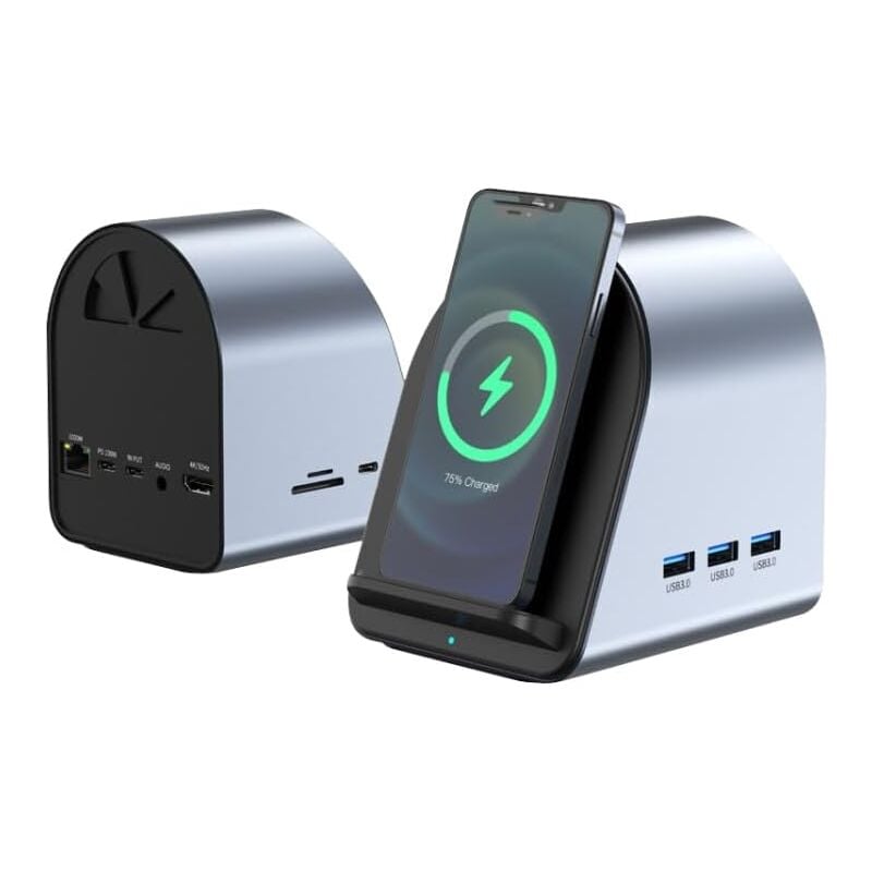 USB C Wowssyo Adaptateur 11-en-1, Chargeur sans Fil, Ethernet LAN RJ45, 100W PD, 3 USB-A 5Gbps, TF/SD, Audio, Port de données USB-C, 4K HDMI, pour