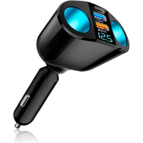 USB Car Charger, Dual 12V Cigarette Lighter Socket, 20W Fast Charging 3.0 Dual USB Car Charger with LED Voltmeter