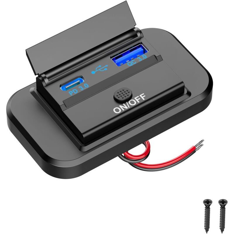 USB Car Charger Socket: 38W PD Type C and QC3.0 USB 12 V Port Adapter with Waterproof Switch for Camping Car, Boat, Motorcycle, Truck, Golf Cart