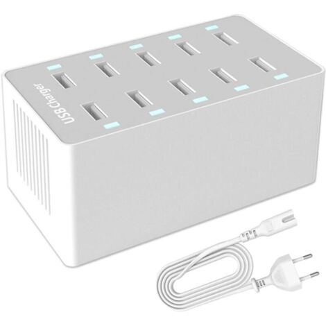 USB Charging Station, 50W 10-Port USB Charging Hub, Multiport USB Charger with Smart Detect, Compatible with iPhone, Galaxy, iPad Tablet and Other USB Charging Devices