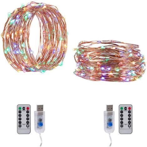 USB Christmas Fairy String Light 100LED, 10M Lampe décorative étoile à 8 Fonctions, Guirlande Lumineuse en Fil de cuivre étanche avec télécommande (2pcs) coloré