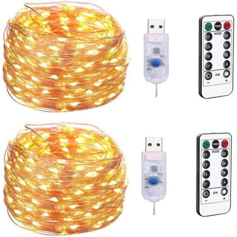 USB Christmas Fairy String Light 100LED, 10M Lampe décorative étoile à 8 Fonctions, Guirlande Lumineuse en Fil de cuivre étanche avec télécommande (2pcs) Lumière Chaude