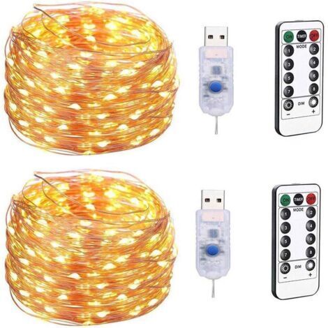 USB Christmas Fairy String Light 100LED, 10M Lampe décorative étoile à 8 Fonctions, Guirlande Lumineuse en Fil de cuivre étanche avec télécommande (2pcs) Lumière Chaude
