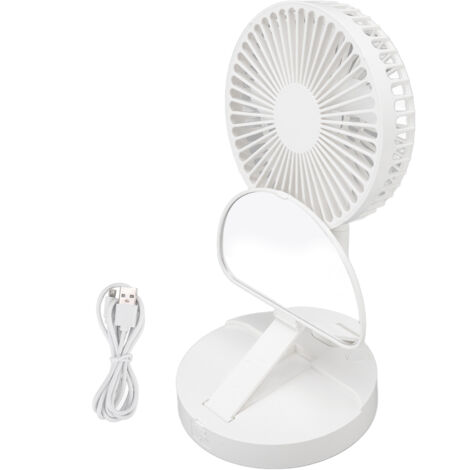 USB Desktop Fan Foldable Rechargeable Battery Makeup Mirror Function Bottom Silicone 3 Speeds White Mini Fan