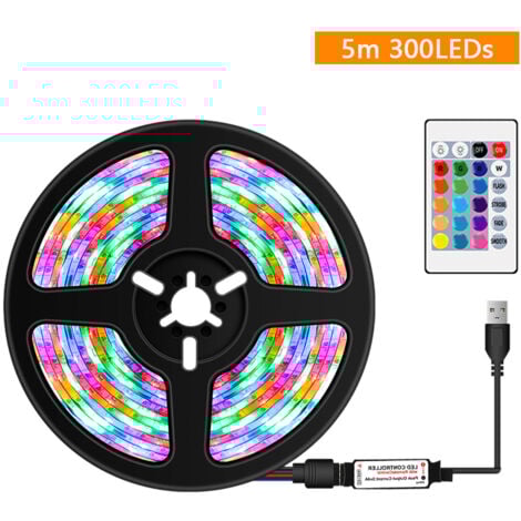 LIFCAUSAL USB Dimmable RGB Bandes LED colorées avec télécommande IR 16 couleurs et 4 modes d'éclairage 5m 300LEDs Corde lumineuse pour TV Ordinateur Fond de bureau Maison Cuisine Éclairage décoratif