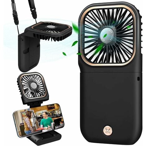 USB Fan Mini Fan, Quiet Hanging Handheld Fan, USB Rechargeable and 5000mAh 3 Speeds, Foldable and Portable Fan for Home, Office and Travel, Black