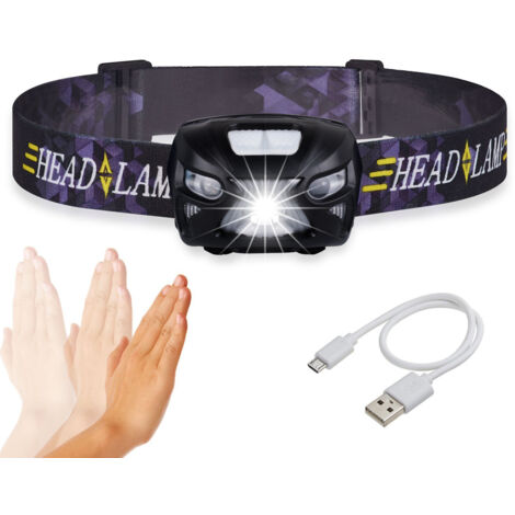 USB Headlamp Rechargeable headlamp Flashlight Sensor LED Headlamp - Waterproof & Comfortable - Headlamps for Running, Walking, Camping, Reading, Hiking, Kids, DIY & More, USB Cable Included, Black