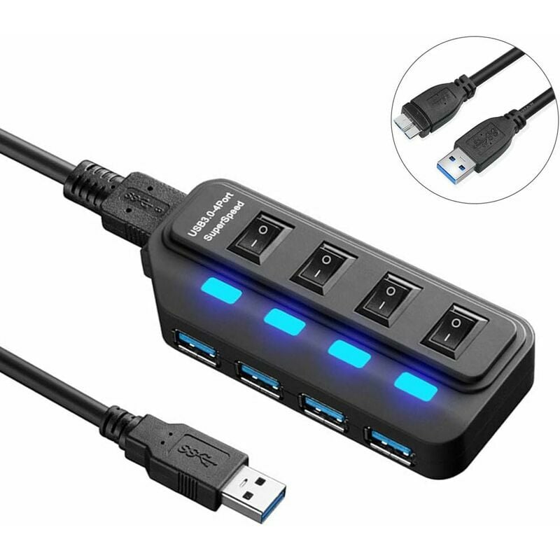 Usb Hub usb 3.0 Hub, 4 Ports SuperSpeed Data Hub and 1 Smart Charging Port, with Independent On/Off Power Switch led Indicator 1M Cable for Windows,