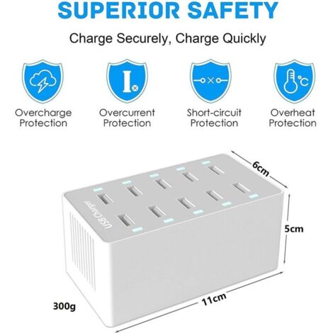 USB-Ladestation, 50W 10-Port USB-Ladehub, Multiport-USB-Ladegerät mit intelligenter Erkennung, kompatibel mit iPhone, Galaxy, iPad, Tablet und anderen USB-Ladegeräten