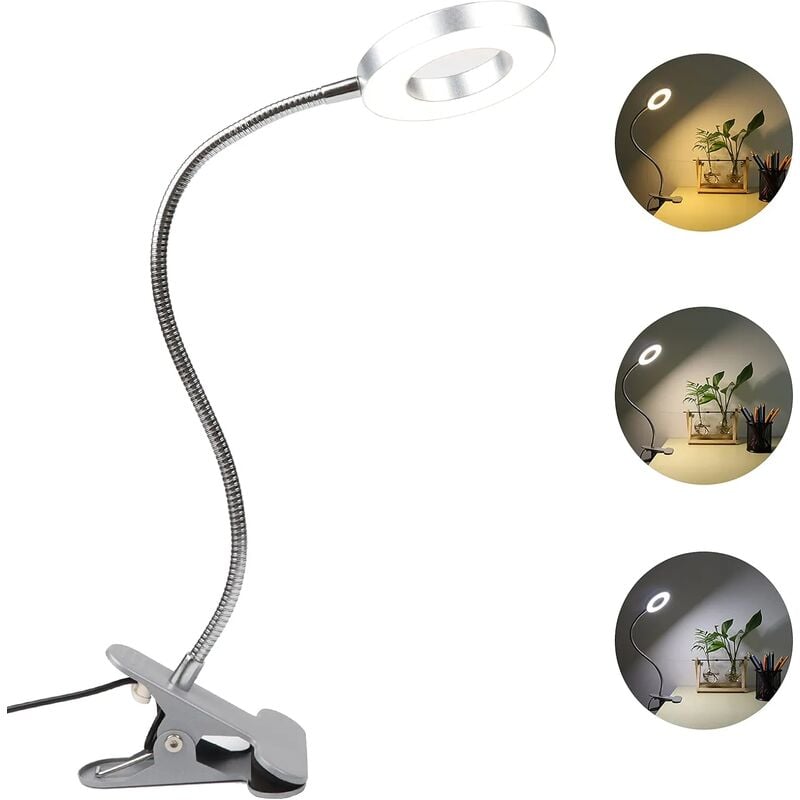 RHAFAYRE USB Lampe de Bureau à Pince, 48 LED, 3 Couleurs et 10 Intensités Variable, Lampe de Lecture pour Lire au Lit, Clip Lampe col de Cygne