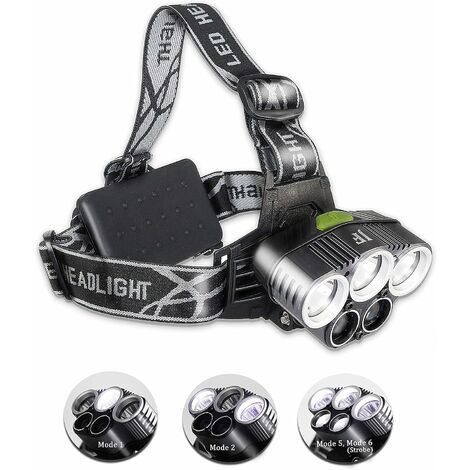 USB Lampe Frontale hydrofuge à 5 LEDs et 6 Modes-15000 LUMEN- Portée 200-500m- pour Camping Jogging Équitation Pêche Randonnée Maintenance Urgence(2 Batteries rechargeables contient)