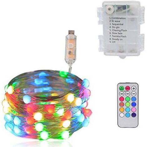 USB LED String Lights, 5M 50LED 12 Colors with Remote Control with Battery Box, 12 Lighting Modes Multicolor Light Chain Decoration for Christmas, Indoor, Festival, Patio, Curtain