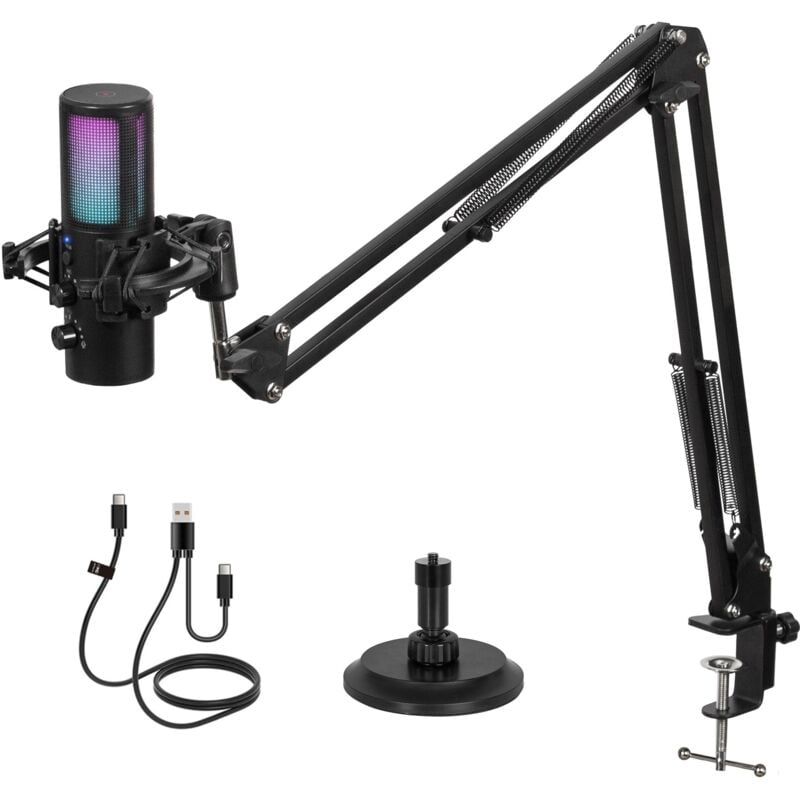 Usb Micro Gaming Kit, rgb Microphone à Condensateur avec 11 Lumières Variables, Bras Micro, Support Micro, Bouton Muet, réduction du Bruit, pour