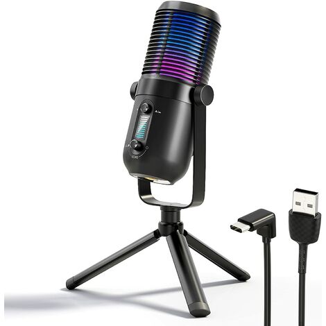 USB Microphone for PC, RGB Gaming Desktop Microphone Condenser Mic with Tripod Stand for Streaming, Studio Recording, Podcast, Computer Cardioid Condenser mic Compatible with Flexible Boom Arm Stand