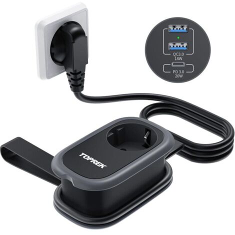 USB Multiprise, Chargeur de Voyage avec Charge Rapide USB-C(20W PD3.0) et 2 USB-A(18W QC3.0) et 1 Schuko, 4000W/16A, 1.13M Cable,Convient pour Les Voyages, Bureau, Maison, Bureau, Noir