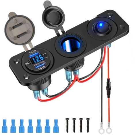 USB Power Strip, Cigarette Lighter Splitter, Dual QC3.0 Charger with USB A and USB C and LED Voltmeter for 12V/24V Cars