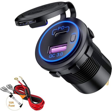USB/QC3.0 und PD/Typ-C Kfz-Ladebuchse mit LED und wasserdichtem Schalter für 12 V/24 V Autos, Boote, Motorräder (blau)