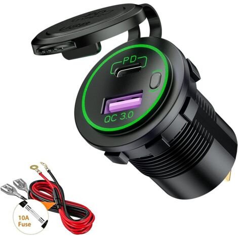 USB/QC3.0 und PD/Typ-C Kfz-Ladebuchse mit LED und wasserdichtem Schalter für 12 V/24 V Autos, Boote, Motorräder (grün)