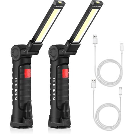 USB Rechargeable Flashlight LED Torch Work Light Portable Magnetic Hanging Hook for Outdoor Camping Repair Lamp (2PCS Small)