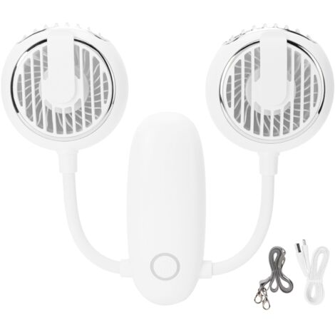 USB-Reiseventilator mit zwei um 360° drehbaren Köpfen, tragbarer Nackenventilator für den Außenbereich – Weiß