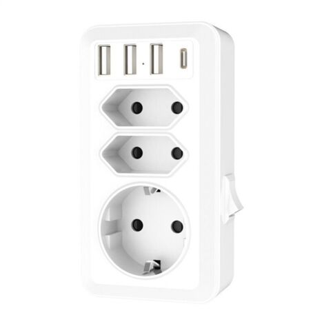 USB Socket, 7 in 1 Multiple Socket with 3 USB and 1 Type-C Port, 3 Way Multi-Socket Adapter with USB Charger (2 Euro Sockets and 1 Schuko) for Phone, Computer.