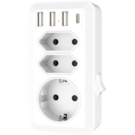 USB Socket, 7 in 1 Multiple Socket with 3 USB and 1 Type-C Port, 3 Way Multi-Socket Adapter with USB Charger (2 Euro Sockets and 1 Schuko) for Phone, Computer.