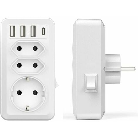 USB Socket, 7-in-1 Multiple Socket with 3 USB and 1 Type-C Port, 3-Way Power Strip Socket Adapter with USB Charger (2 Euro Sockets and 1 Schuko Socket) for Phone, Computer