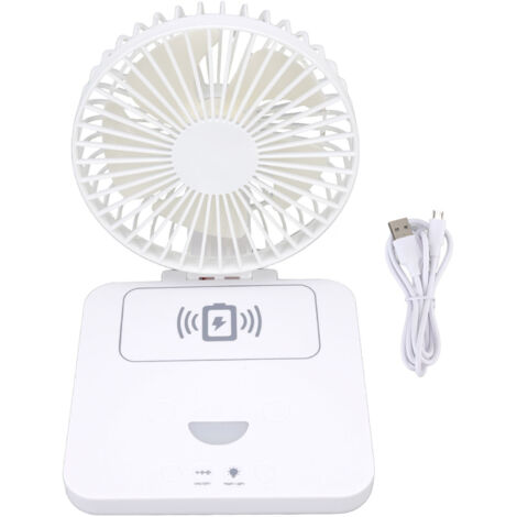 USB-Tischventilator mit kabellosem Ladegerät, einstellbarem Nachtlicht, 3 Geschwindigkeitsstufen und 180°-Neigungsfunktion