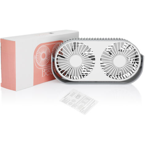 USB-Tischventilator mit zwei Ventilatorköpfen – 3 Geschwindigkeitsstufen – Flüsterleise – 360°-Drehung – Grau-Weiß