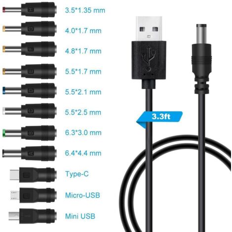 usb to dc 5v cable,USB to DC Power Cable,11-in-1 DC Power Adapter 5.5 x 2.1mm DC Barrel Jack for Laptop, Router etc(1m, black)