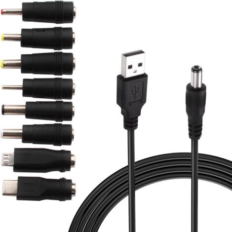 usb to dc 5v cable,USB to DC Power Cable,8-in-1 DC Power Adapter 5.5 x 2.1mm DC Barrel Jack for Laptop, Router etc(1m, black)