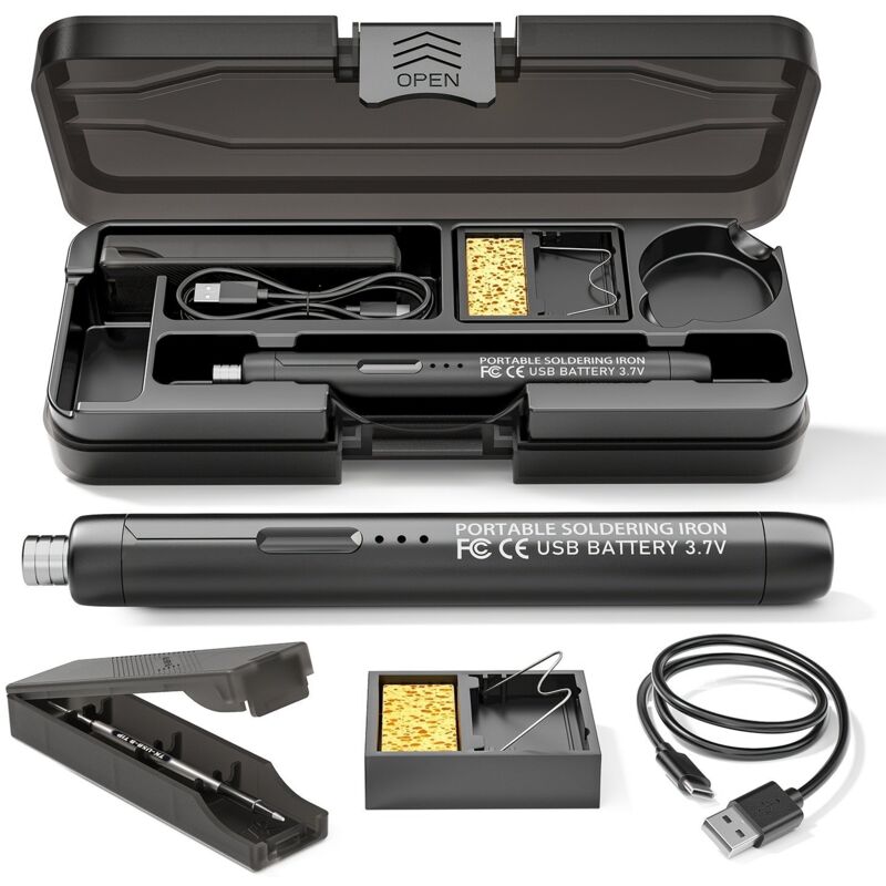 USB/Battery Soldering Iron - 3 Adjustable Heating Levels - With Stand and Storage Box