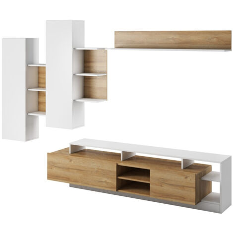 Usinestreet – Ensemble de meubles de salon 4 pièces – Stratifié blanc et chêne – Étagère suspendue 20x130x18cm – Armoire suspendue 120x130x27cm – Table TV 48x190x44cm