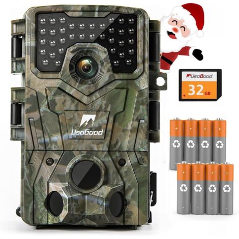 Usogood Caméra de sécurité extérieure infrarouge 4K HD, caméra de vision nocturne, équipée de 8 batteries et d'une carte mémoire, étanche extérieur, non lumineuse et invisible