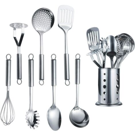 Ustensile de cuisine en acier inoxydable 1 pièce avec 1 support, cuillère de cuisine, ustensiles de cuisine avec support (8 pièces)