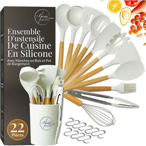 Ustensiles Cuisine Silicone - 22 Pièces - Bois Et Silicone - Sans BPA - Pour Poêle Antiadhésive - Blanc