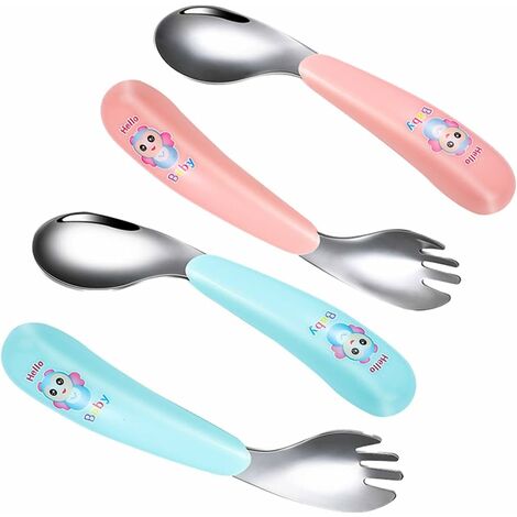 Ustensiles de Bébé Cuillères, Lot de 4 Ensemble de Fourchette Cuillère Bébé Courbé Acier Inoxydable Cuillère de Formation pour Toddler Enfants Auto-Alimentation Apprentissage Cuillères