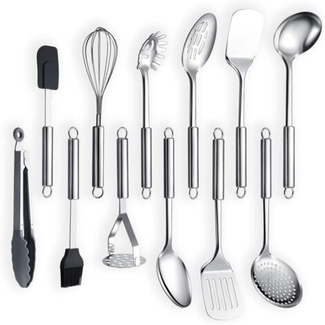 Ustensiles de cuisine - 12 pièces - Acier inoxydable - Finition miroir - Résistant lave-vaisselle - Pour cuisson quotidienne