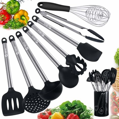 Ustensiles de Cuisine 9 pcs Ustensiles de Cuisine en Silicone,en Antiadhésif et Anti-rayures avec un Pot de Rangement,Ustensiles de Cuisine en Acier Inoxydable Tous Avoir Set spatule en Silicone