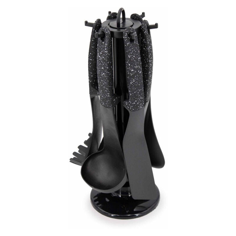 Northix - Set de 6 ustensiles de cuisine avec support rotatif - Manches effet marbre - Noir - h 36 cm - Livraison gratuite