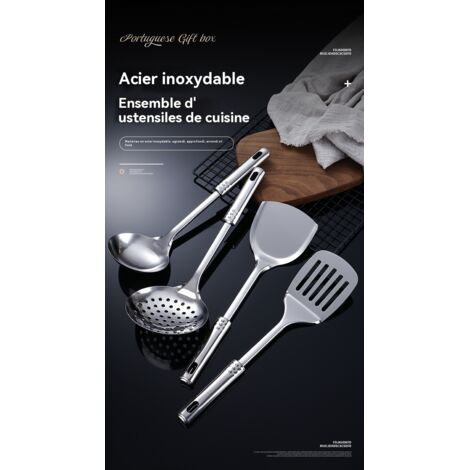Ustensiles de cuisine en acier inoxydable : spatule, écumoire, louche, cuillère de service