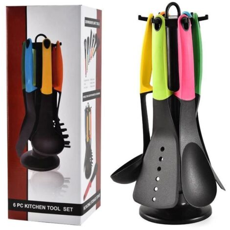 Ustensiles de Cuisine en Nylon Antiadhérant - Lot de 6 avec Porte Couverts Rotatif